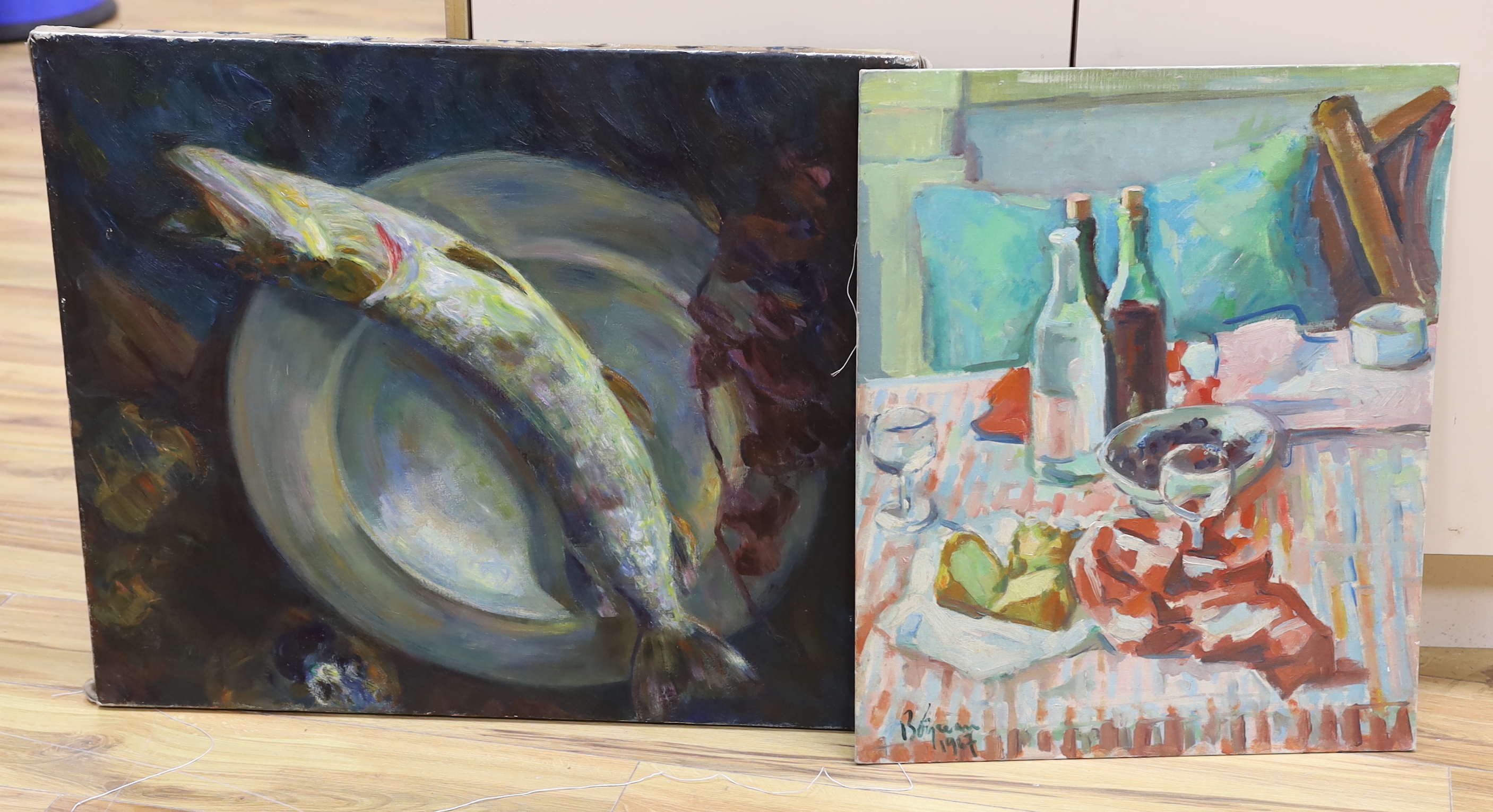 Two oils on board, one on canvas, Still lifes of vessels and fish, one indistinctly signed and dated 1967, possibly Dutch, unframed, largest 60 x 70cm